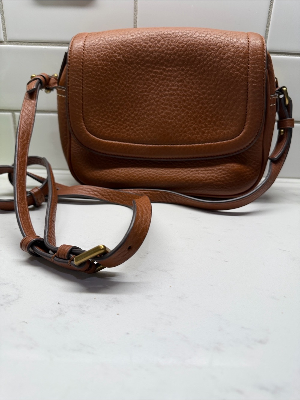 J. Crew Pebbled Leather Saddle Crossbody in Cognac Brown - Picture 8 of 11